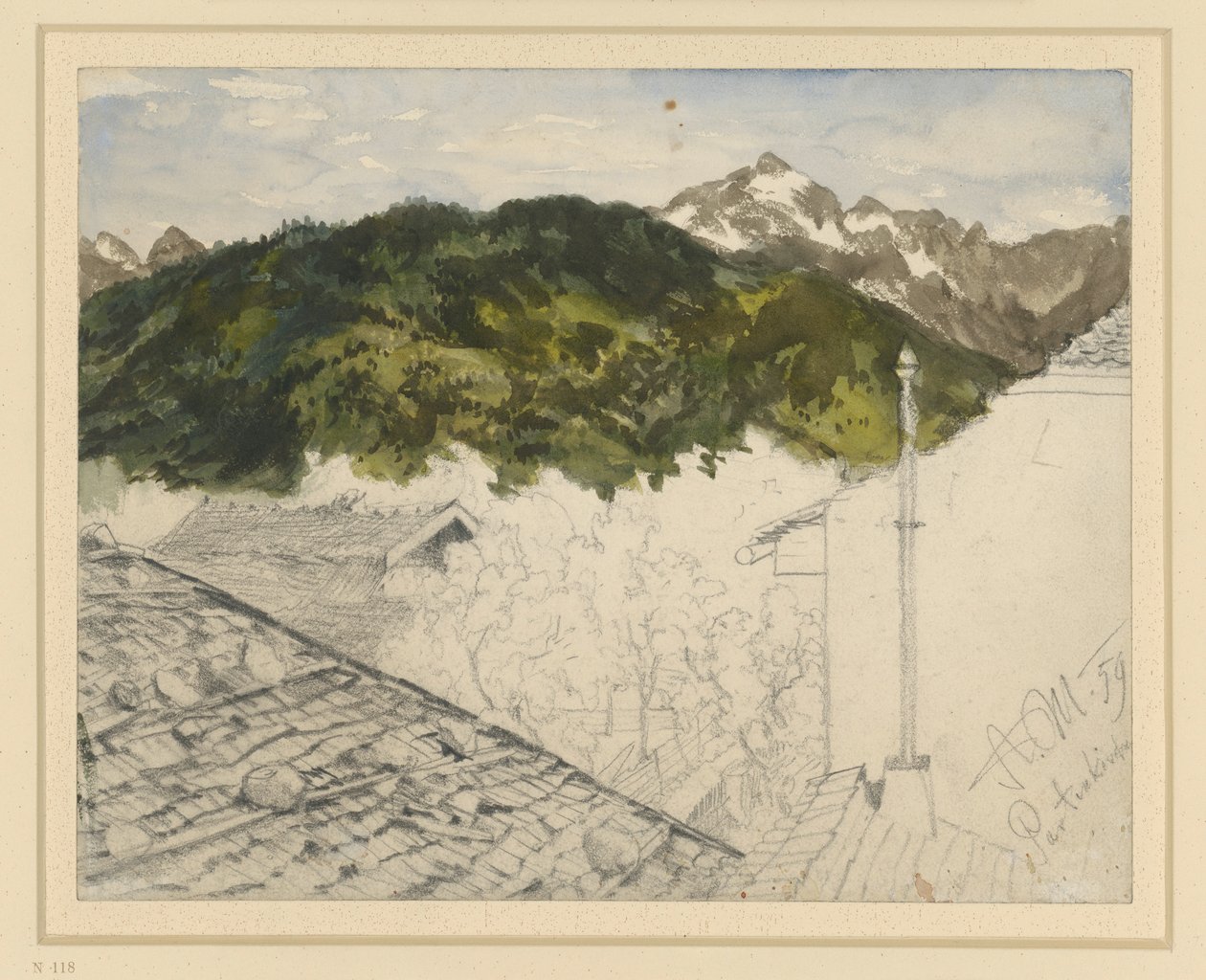 Partenkirchen, vista sulle montagne e sulle case coloniche da Adolph Menzel
