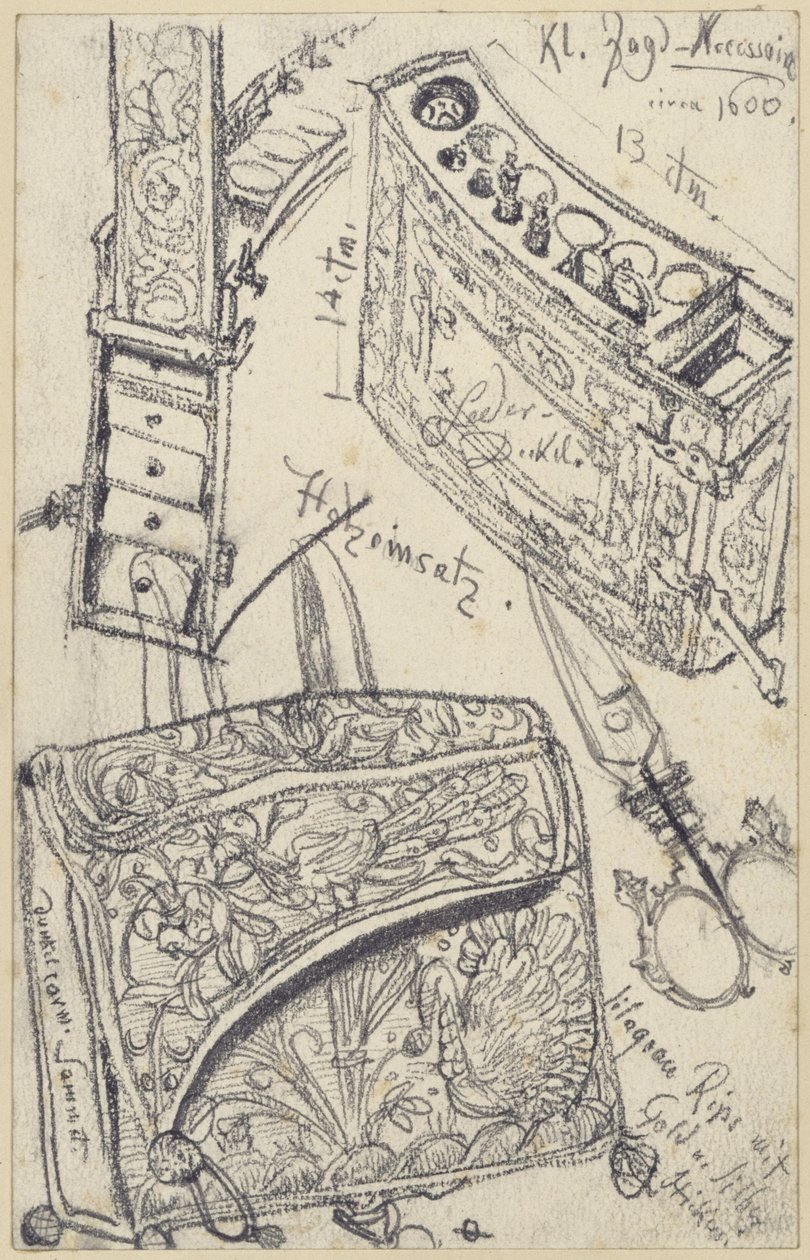 Borsa per le cartucce con kit di pronto soccorso appartenuta alla sella da caccia del principe elettore Giovanni Giorgio I di Sassonia, risalente al 1618, Museo Storico, Dresda da Adolph Menzel