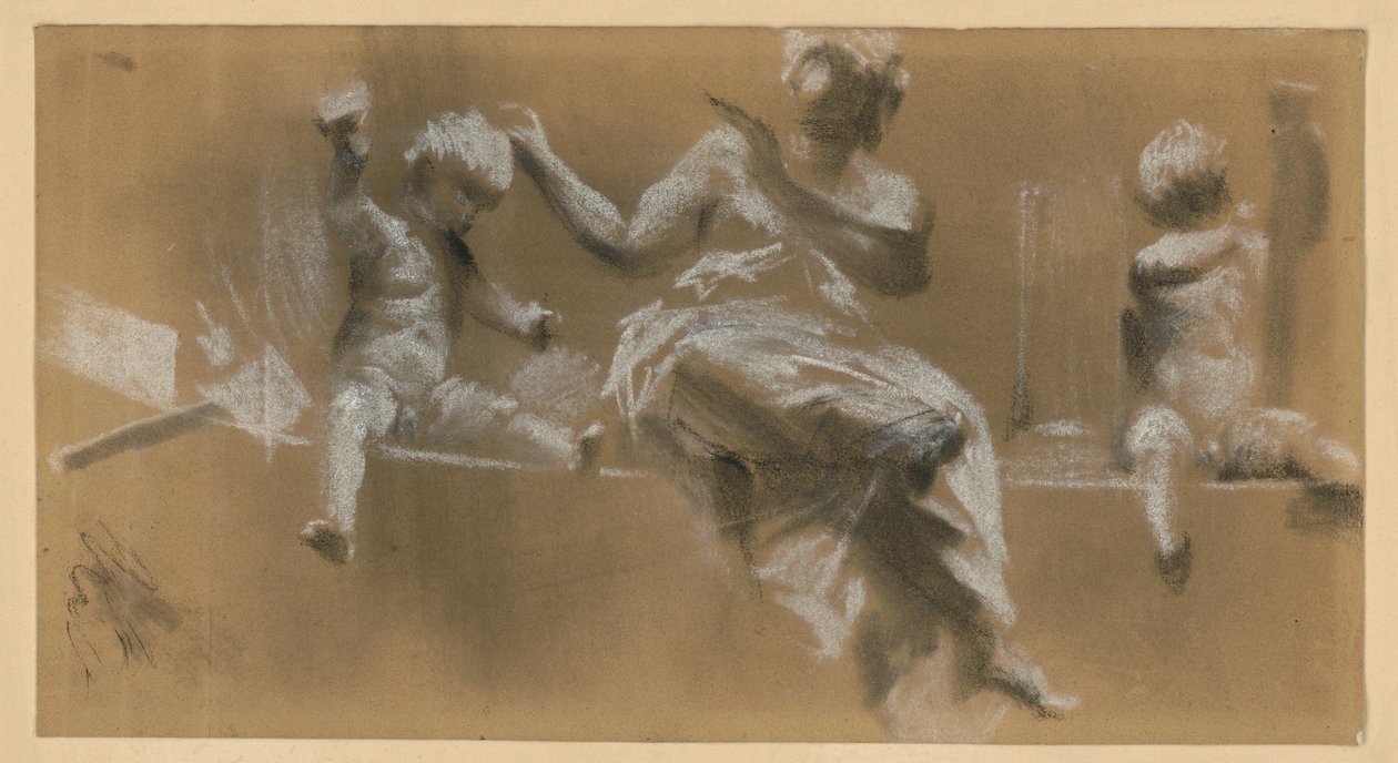 Opera scultorea su un cornicione, figura femminile allegorica affiancata da putti che simboleggiano la pittura (a destra) e la scultura (a sinistra), cfr. cat. 159 da Adolph Menzel