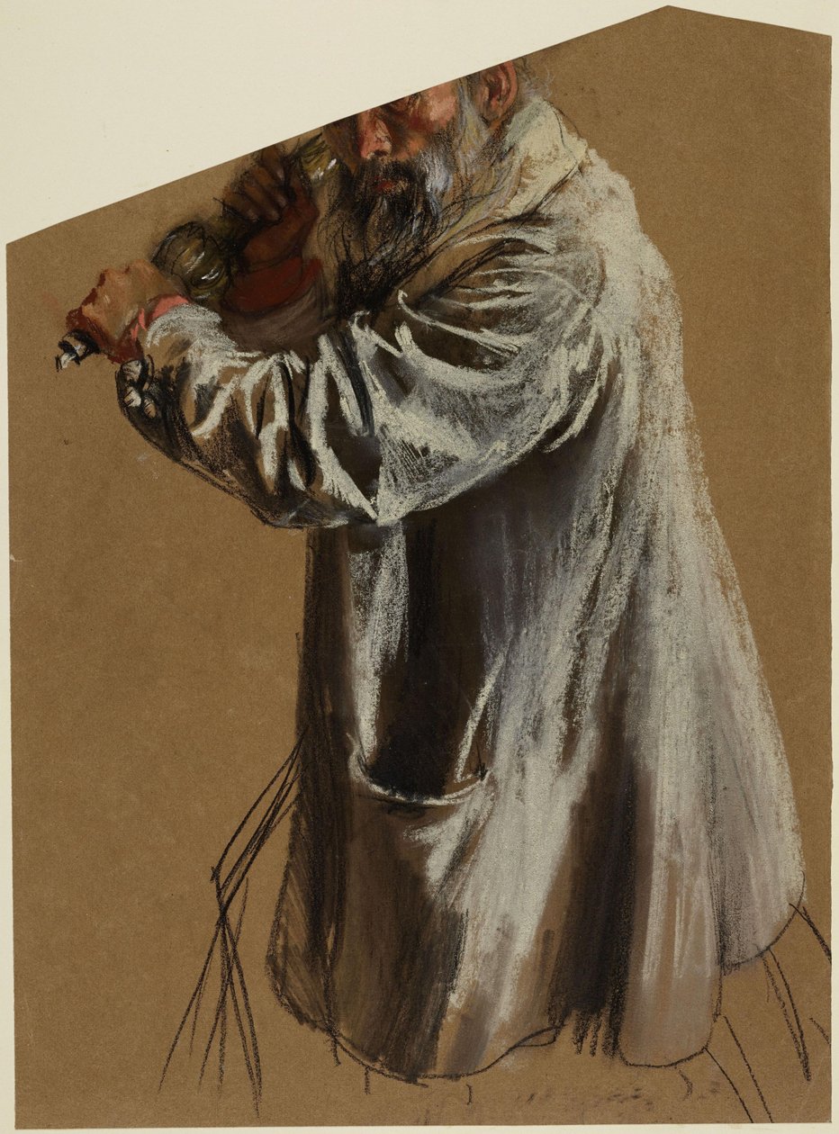Gonna di un uomo anziano e barbuto con la mano sulla lanterna, ginocchio a sinistra, ritagliata sopra gli occhi da Adolph Menzel