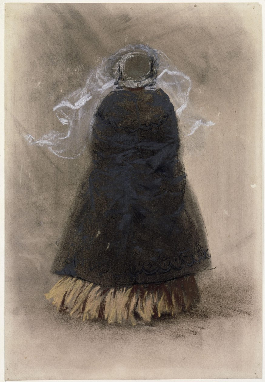 Figura di spalle di una signora con cappello e velo svolazzante da Adolph Menzel