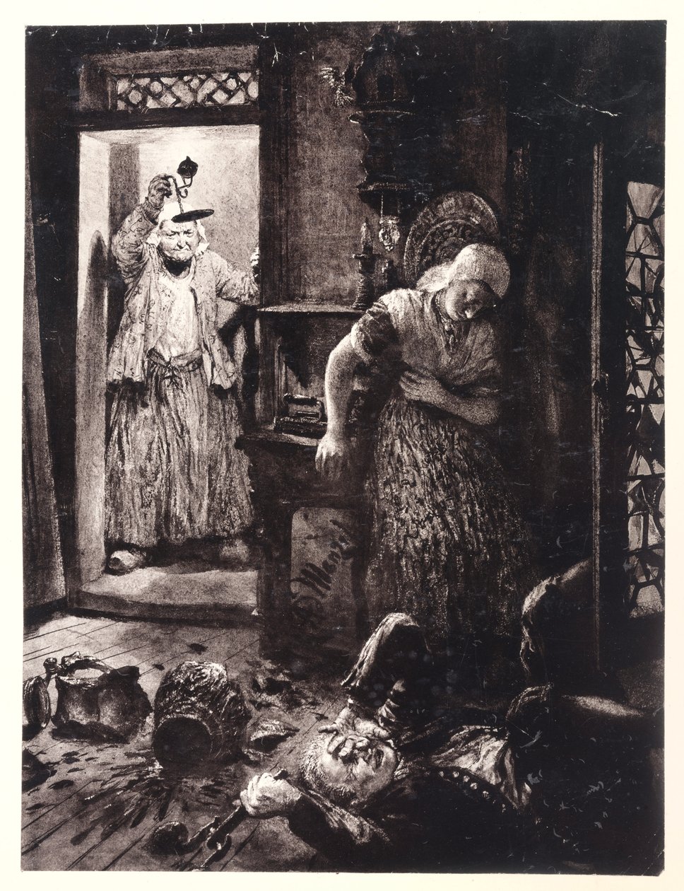 Ruprecht, con la maniglia della porta in mano, giace sul pavimento nella stanza di Eva. Marthe entra con la lampada, da Heinrich von Kleist, “La brocca rotta” da Adolph Menzel