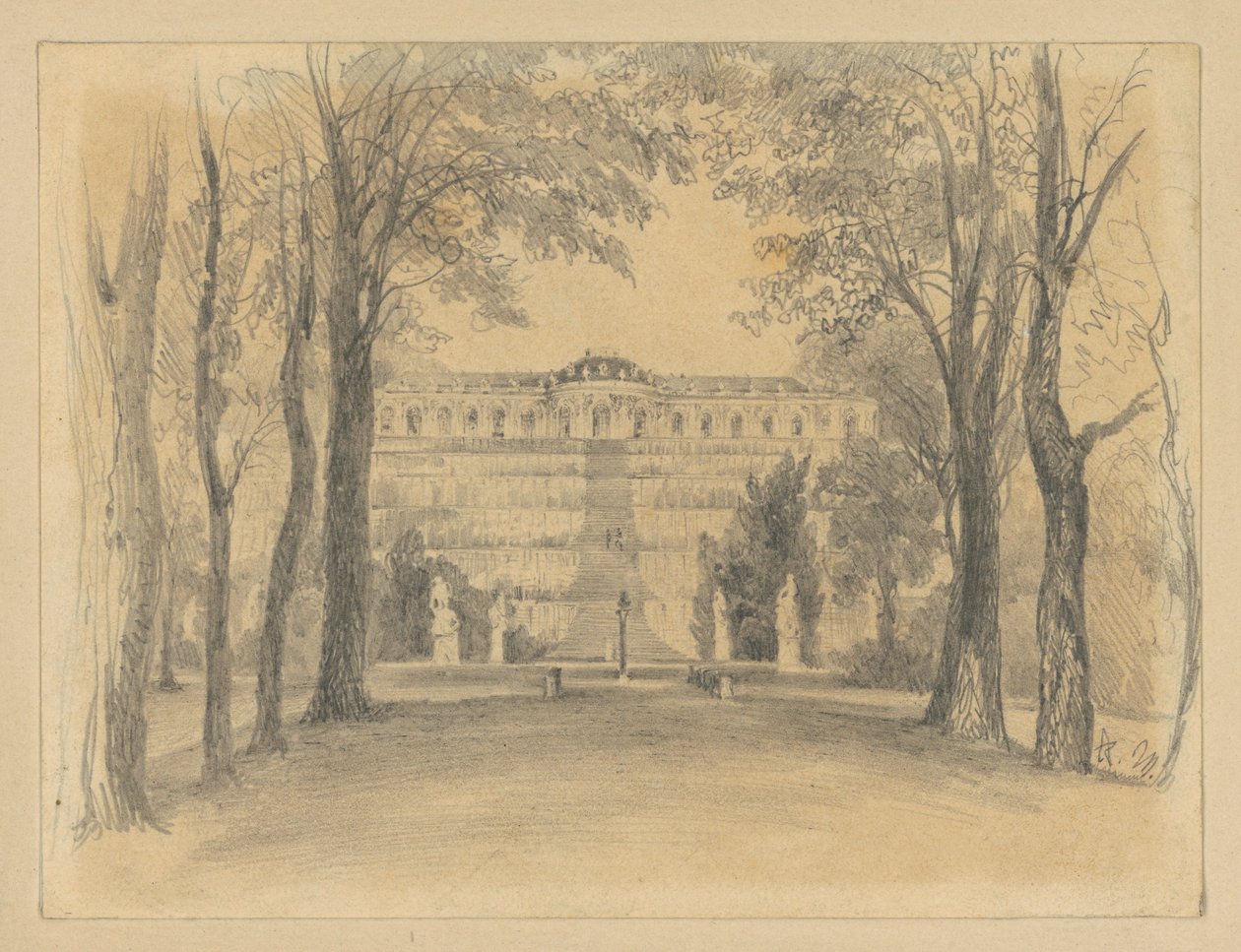 Il castello di Sanssouci con le terrazze e la fontana da Adolph Menzel