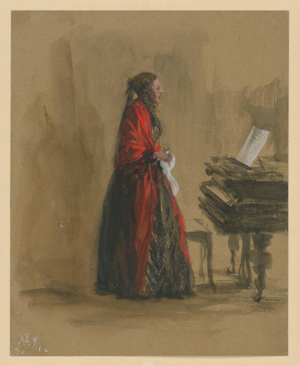 Donna cantante in piedi accanto a un pianoforte a coda, di profilo verso destra da Adolph Menzel