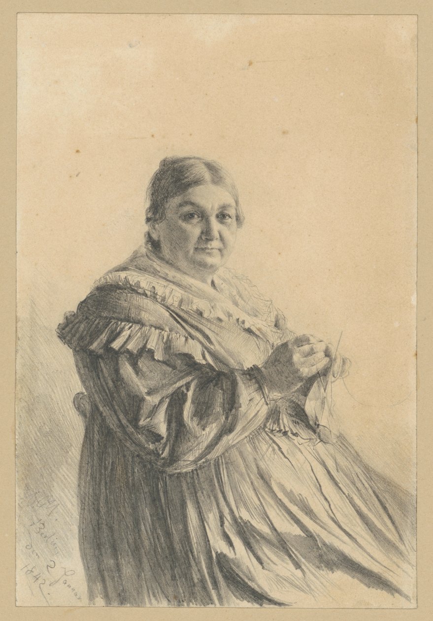 Anziana seduta con una calza lavorata a maglia da Adolph Menzel