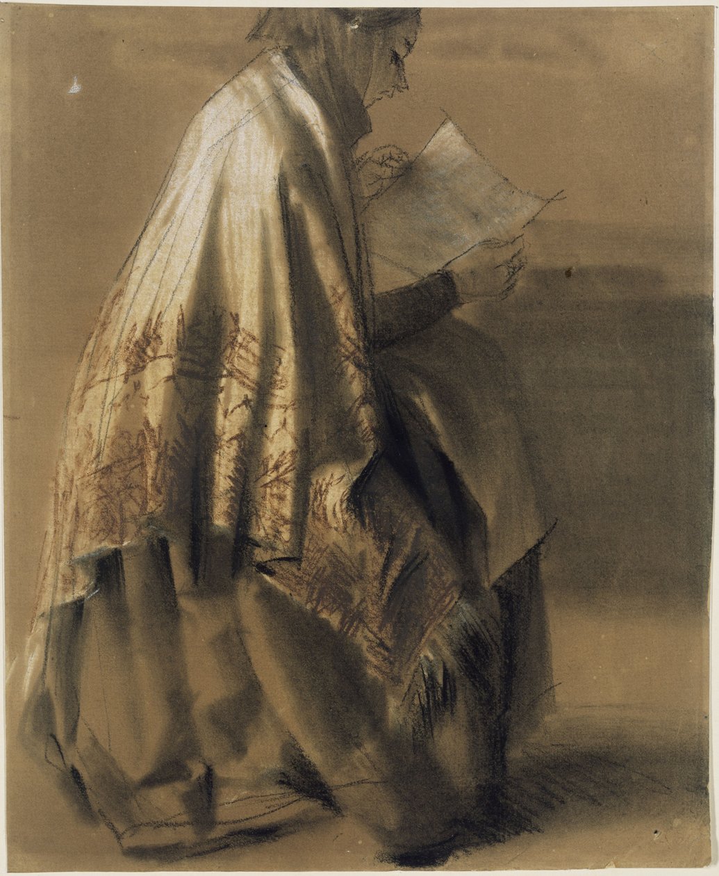 Donna seduta che legge, avvolta in un ampio scialle da Adolph Menzel