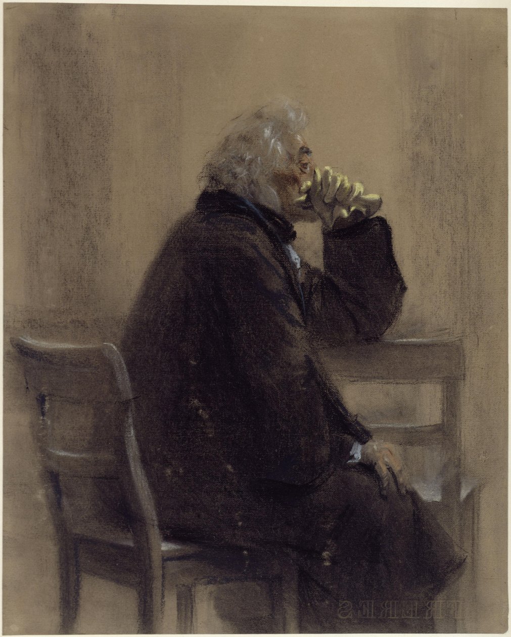 Signore anziano seduto, con soprabito e guanti, ginocchiera; profilo verso destra da Adolph Menzel