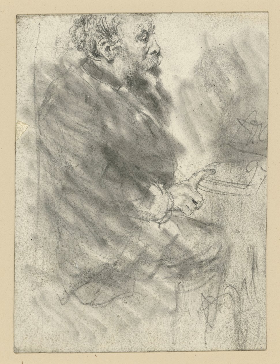 Uomo seduto con la barba, rivolto verso destra, con l’indice della mano destra teso appoggiato sul piano del tavolo da Adolph Menzel