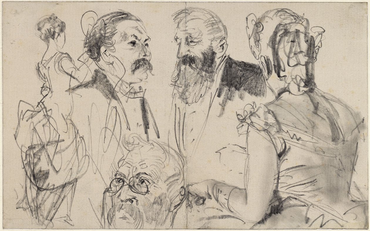 Foglio di schizzi con tre teste maschili e due figure femminili di schiena di una società elegante da Adolph Menzel