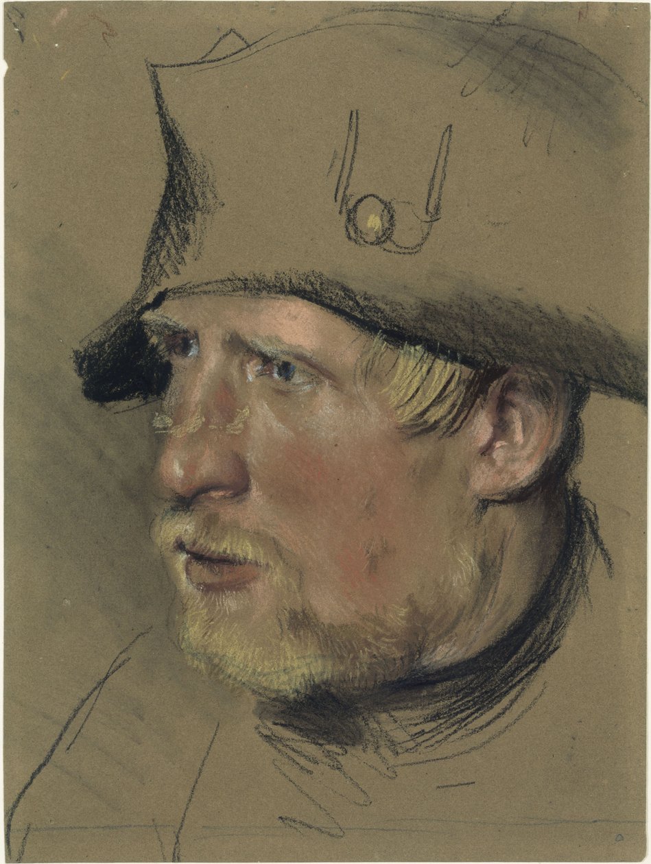 Soldato con baffi e pizzetto biondi in tricorno, studio di testa da Adolph Menzel
