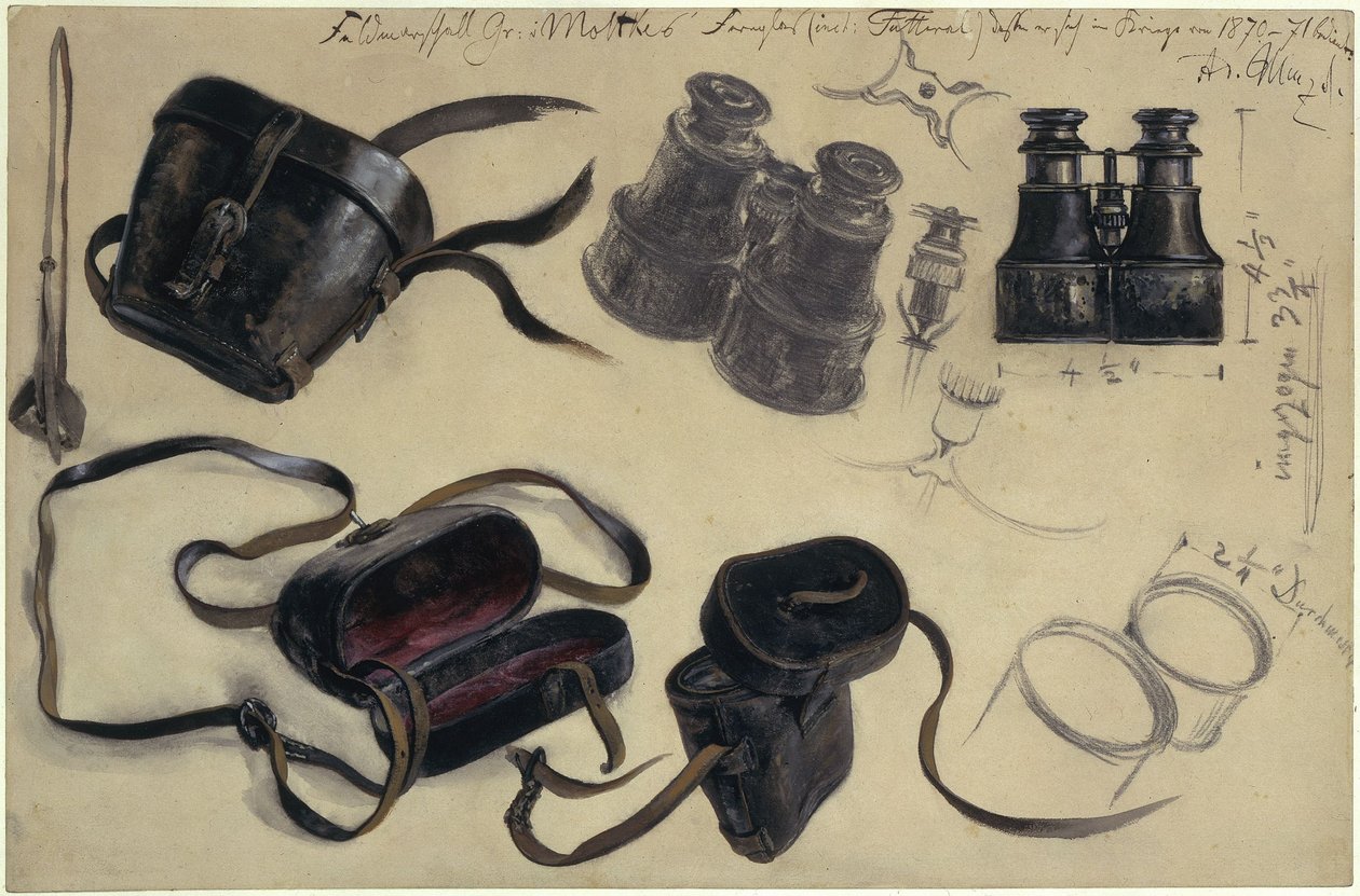 Studio basato sul binocolo del feldmaresciallo conte von Moltke, custodia e dettagli, con annotazioni da Adolph Menzel