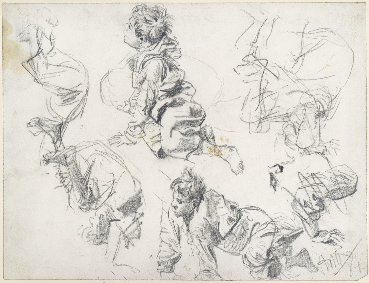 Studi su due bambini che fanno la capriola. Studio di modello sulla “Piazza d’Erbe” da Adolph Menzel