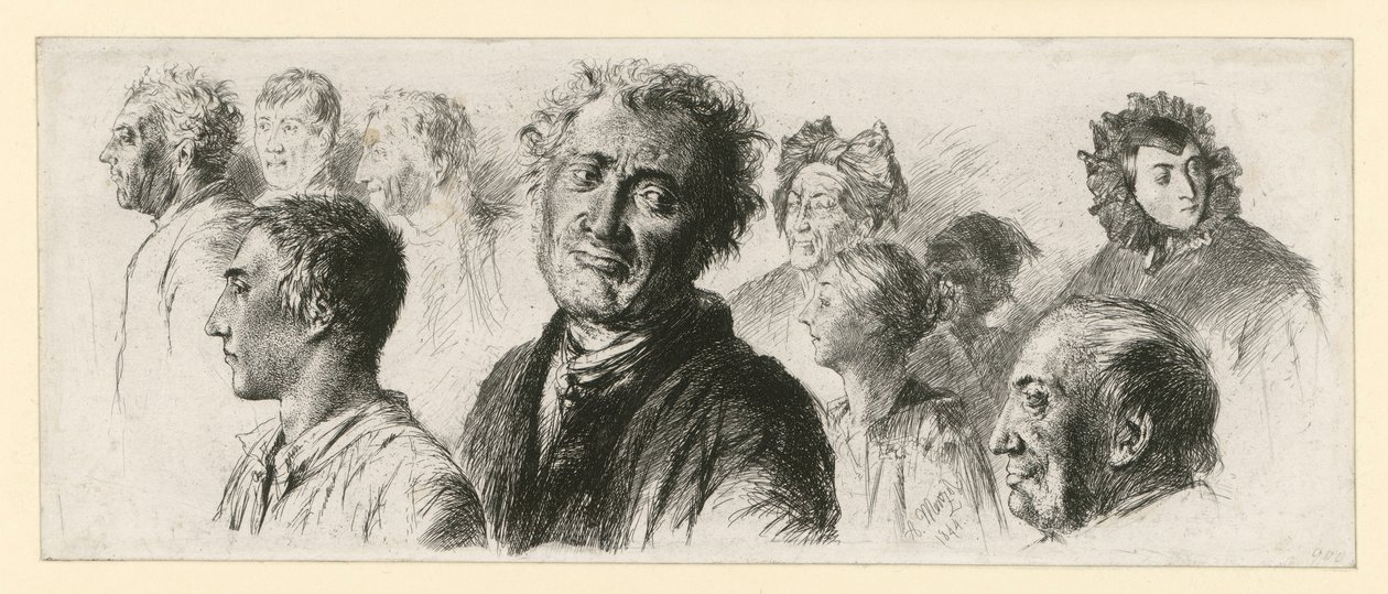 Foglio di appunti dal manicomio. Dieci teste, per lo più rivolte verso sinistra da Adolph Menzel