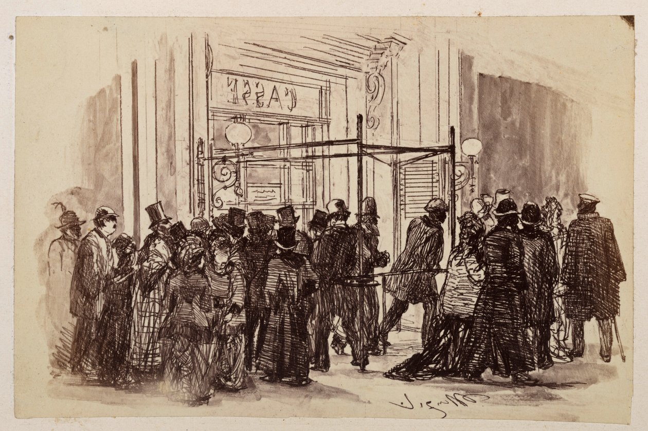 Biglietteria del teatro: gli acquirenti si mettono in fila a destra davanti alla biglietteria illuminata e poi si dirigono verso sinistra, per assistere allo spettacolo "La brocca rotta" di Heinrich von Kleist da Adolph Menzel