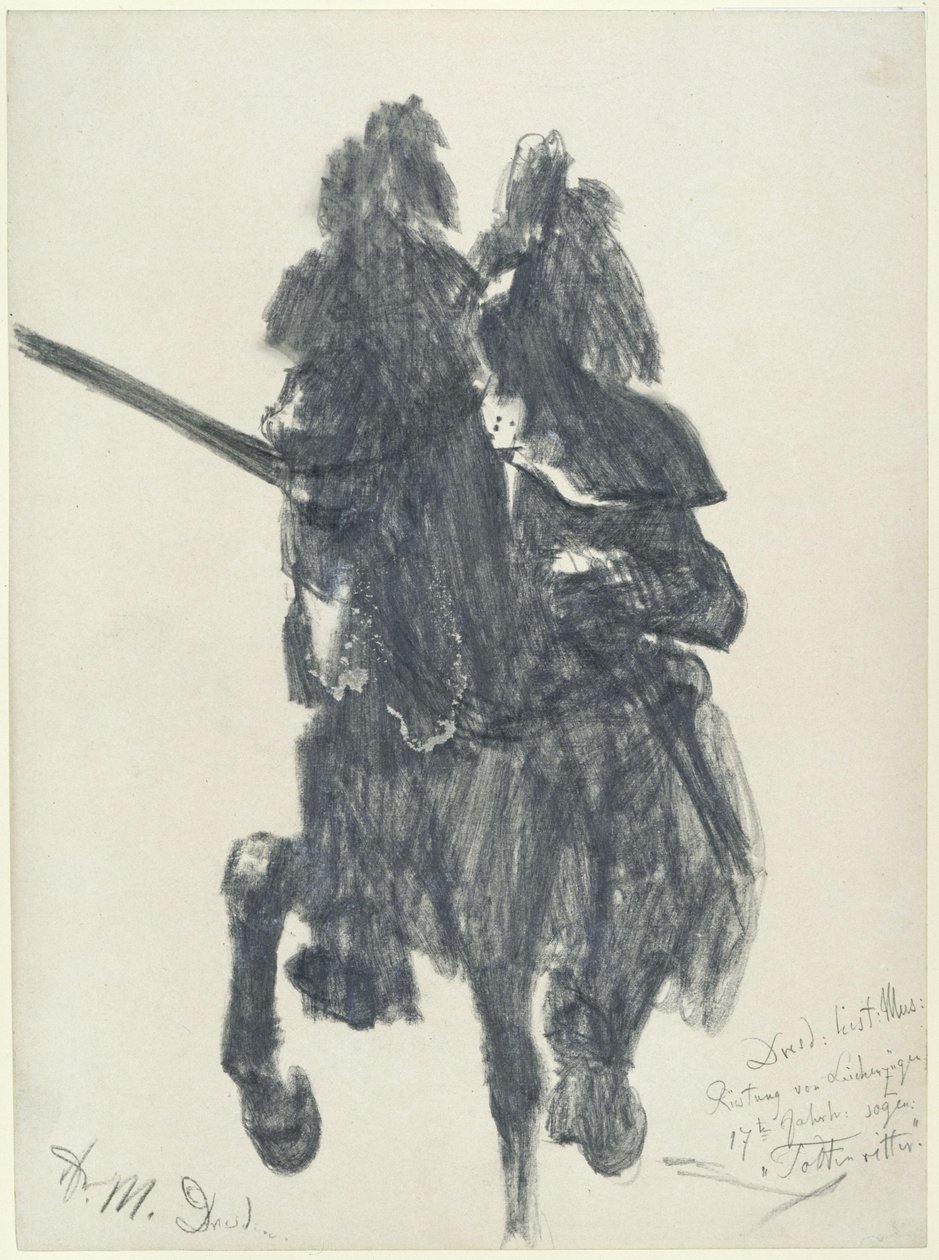 "Il cavaliere dei morti". Statua equestre con armatura da torneo della fine del XVI secolo e lancia, conservata al Museo Storico di Dresda da Adolph Menzel