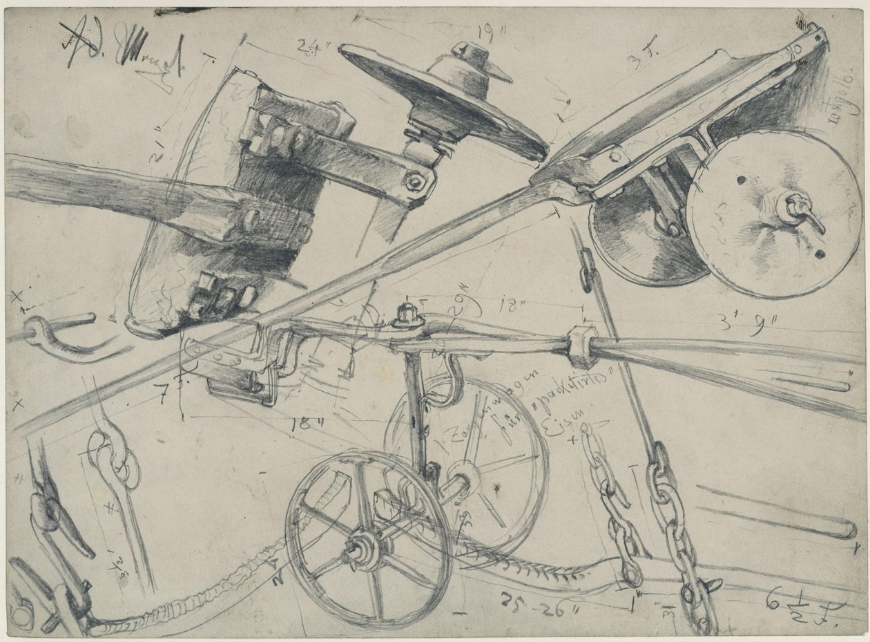 Carro da trasporto con dettagli e misure. Studio per «Il laminatoio di ferro. Ciclopi moderni» da Adolph Menzel