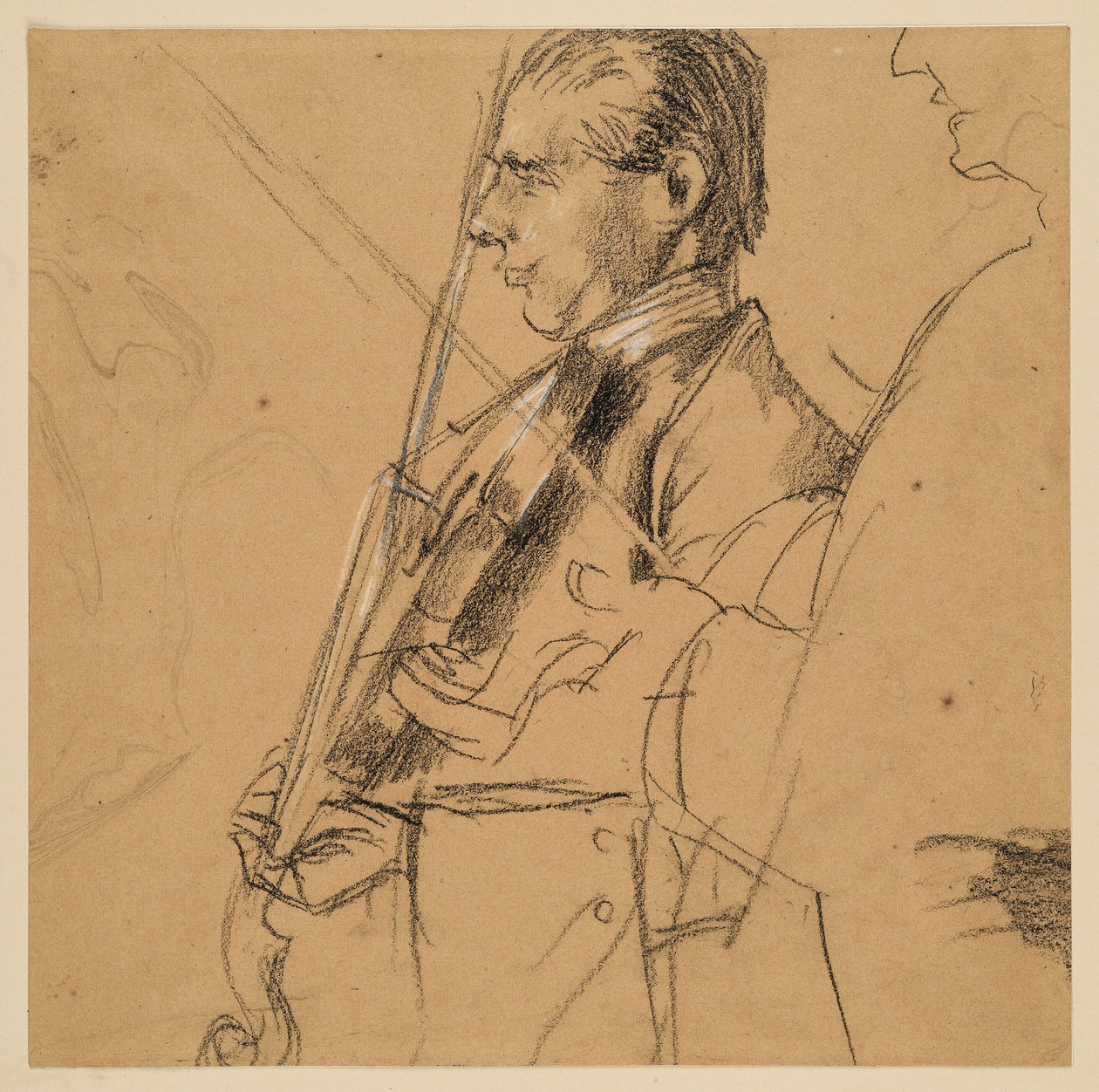 Violinista. Mezza figura. Profilo verso sinistra. A destra, schizzo di profilo. Studio preliminare per il dipinto "Concerto per flauto di Federico il Grande a Sanssouci" da Adolph Menzel
