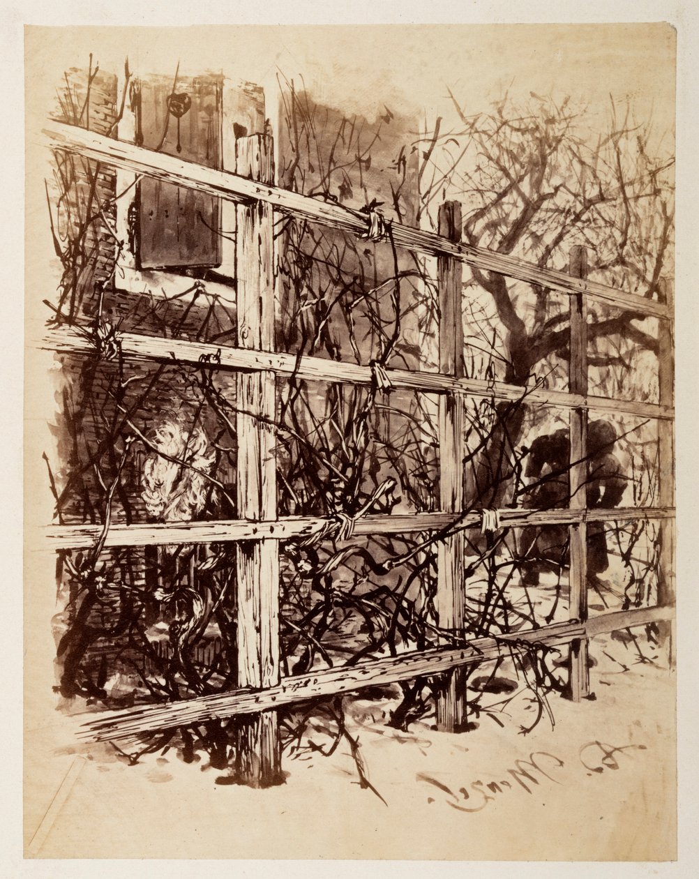Davanti a una casa, un traliccio su cui è appesa una parrucca, ispirato a “La brocca rotta” di Heinrich von Kleist da Adolph Menzel