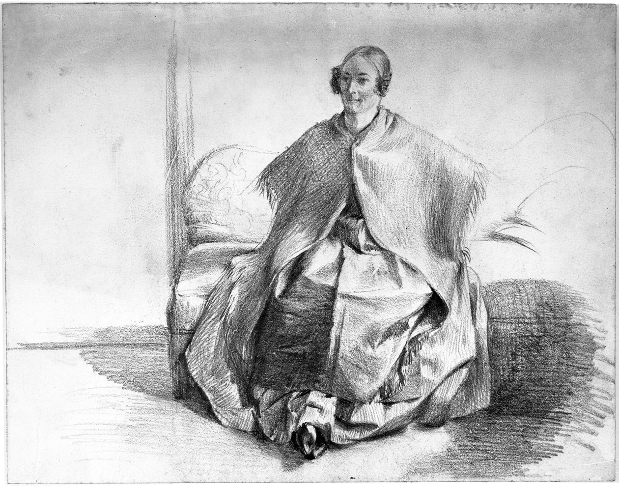 Personaggio femminile in costume con scialle, seduta su un divano da Adolph Menzel