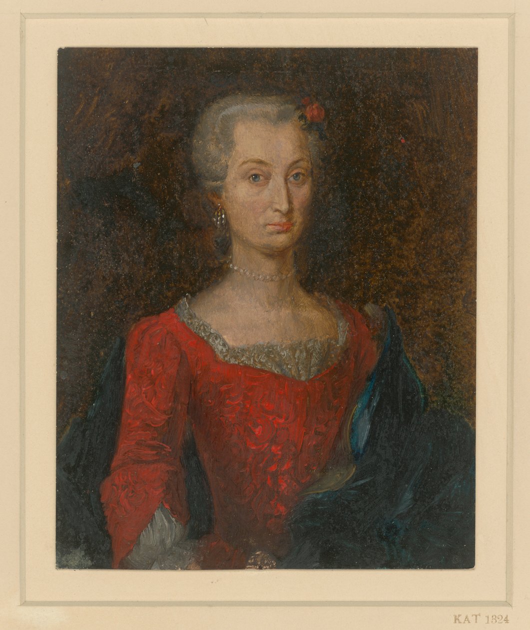 Ritratto a mezzo busto di una donna in abito rosso con mantello blu da Adolph Menzel