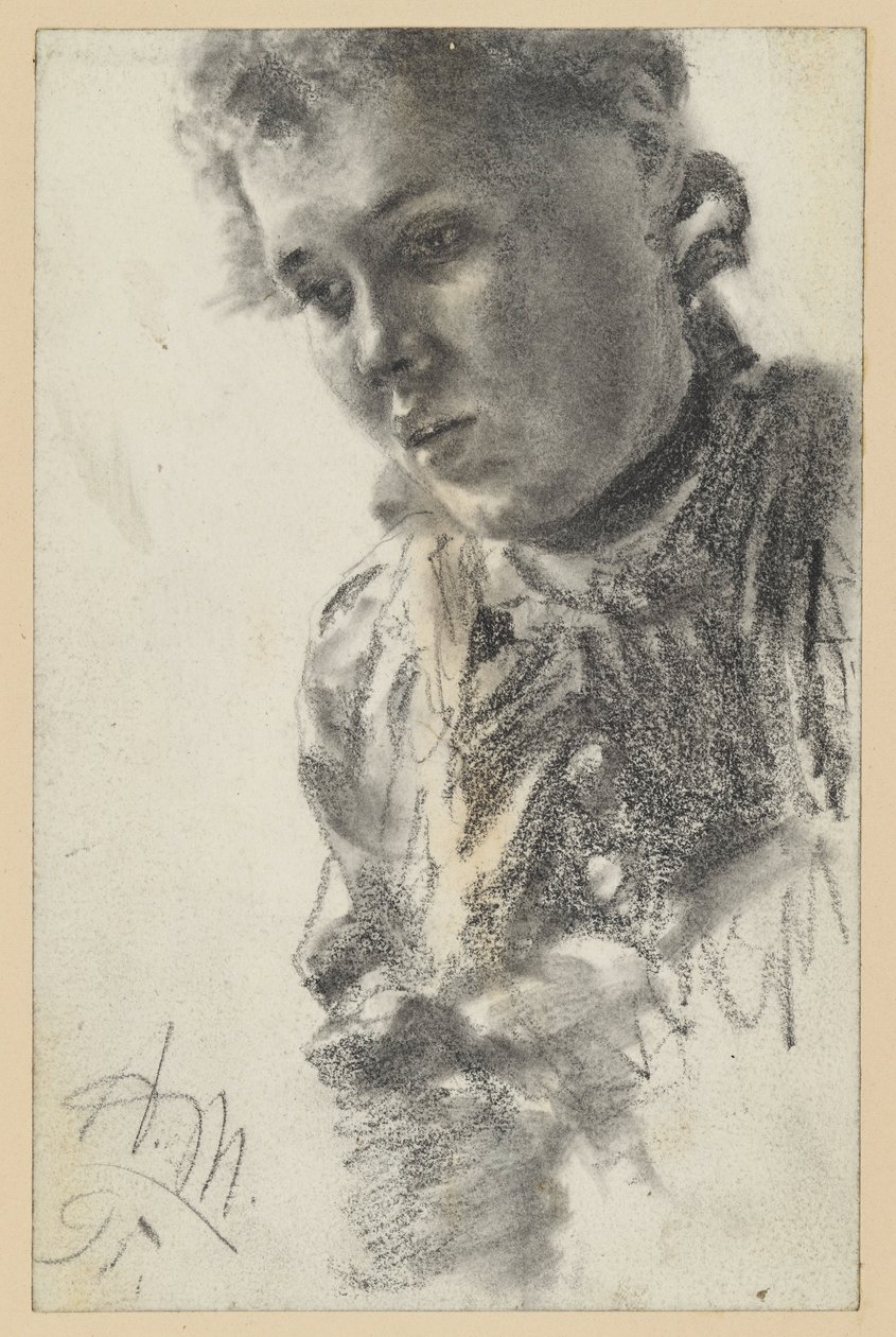 Ritratto femminile a mezzo busto rivolto verso sinistra, con la testa leggermente inclinata in avanti da Adolph Menzel
