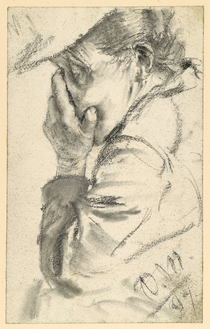 Anziana donna in lacrime, con il viso nascosto tra le mani, ritratto a mezzo busto rivolto verso sinistra da Adolph Menzel
