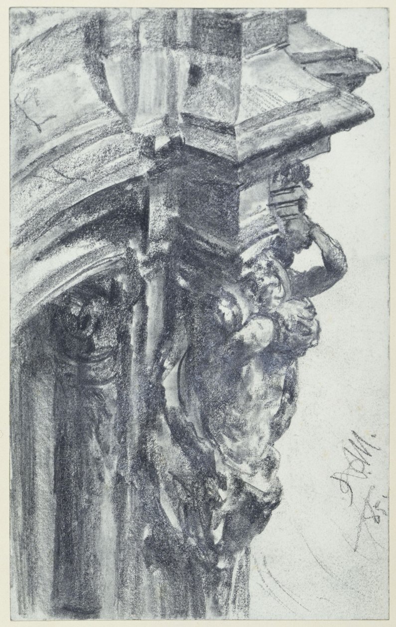 Coppia di statue occidentali presso il padiglione delle mura dello Zwinger a Dresda, vista dalla terrazza delle mura da Adolph Menzel