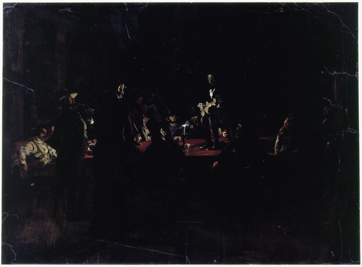 Un gruppo di bevitori attorno a un grande tavolo e un cantante da Adolph Menzel