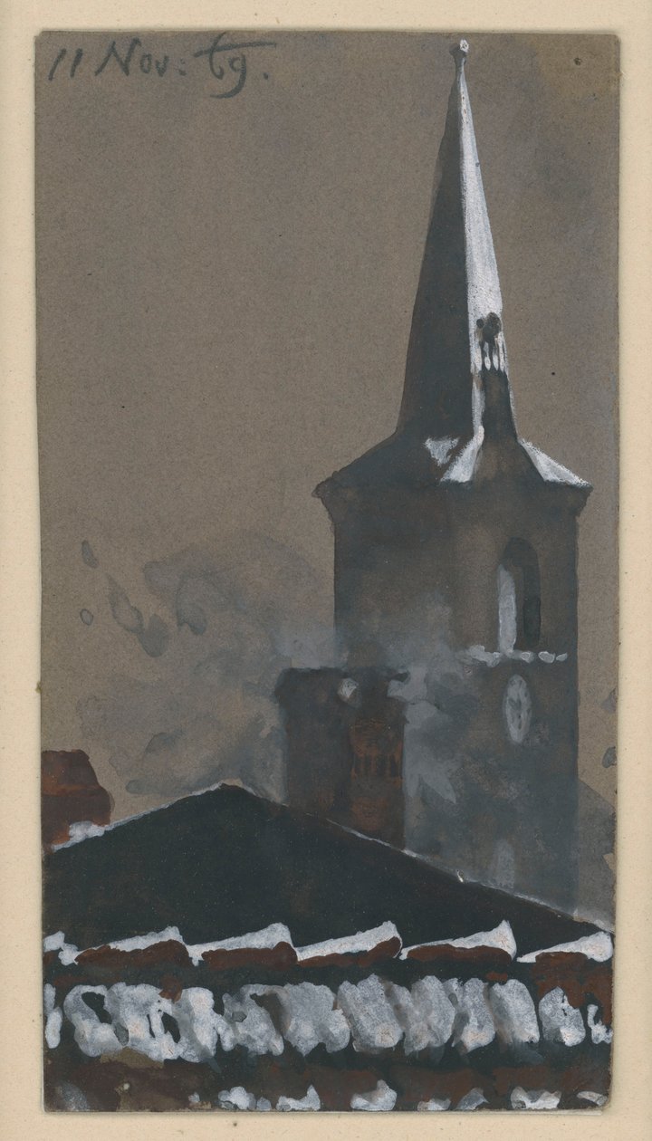 Tetto di tegole e torre della chiesa, coperti di neve da Adolph Menzel