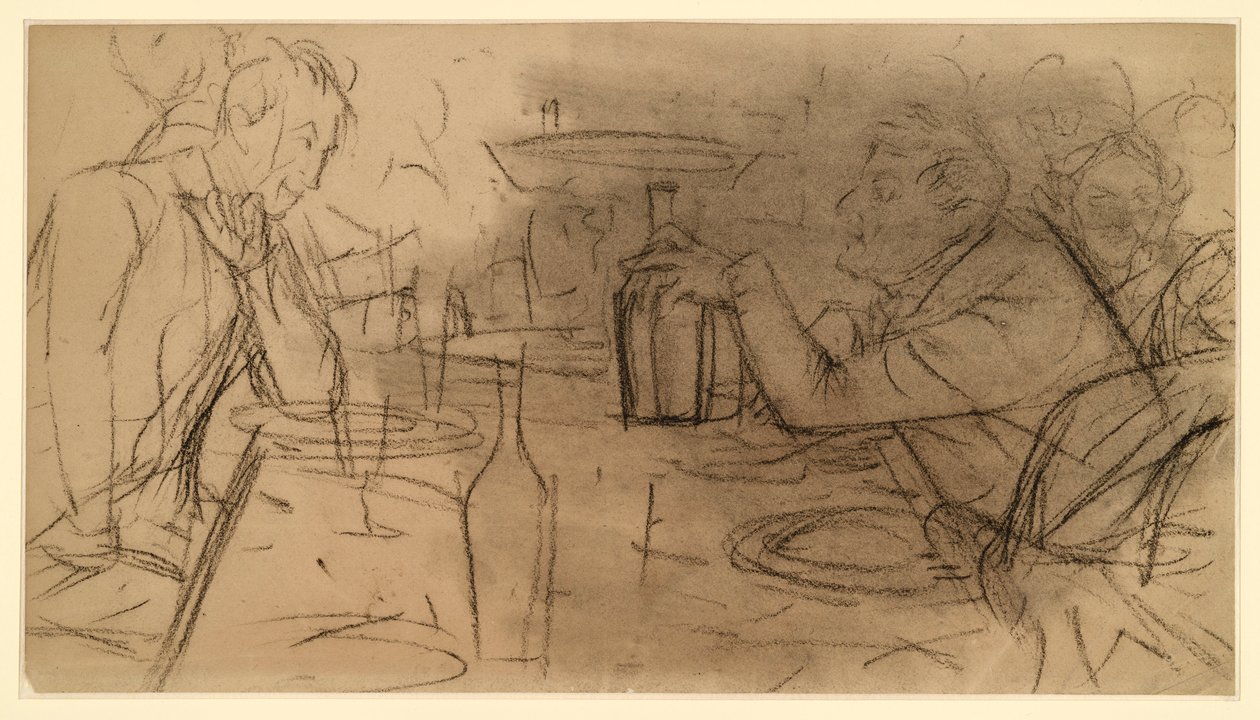Due signori seduti uno di fronte all’altro al tavolo di una taverna, intenti a conversare da Adolph Menzel