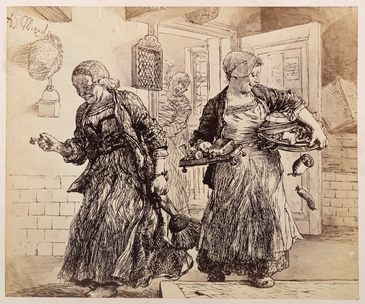 Due serve entrano in scena ridendo, con vassoi, ciotole e altro. Il giudice del villaggio, che in fondo alla stanza sta sfogliando una pila di documenti, le rimprovera, sulla base del racconto di Heinrich von Kleist “La brocca rotta” da Adolph Menzel