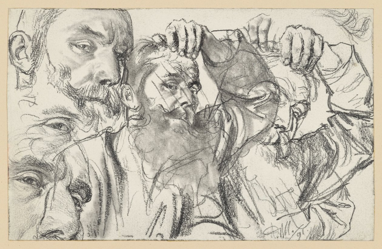 Due ritratti di un uomo barbuto che si tocca la fronte con la mano sinistra; il volto è raffigurato due volte da Adolph Menzel
