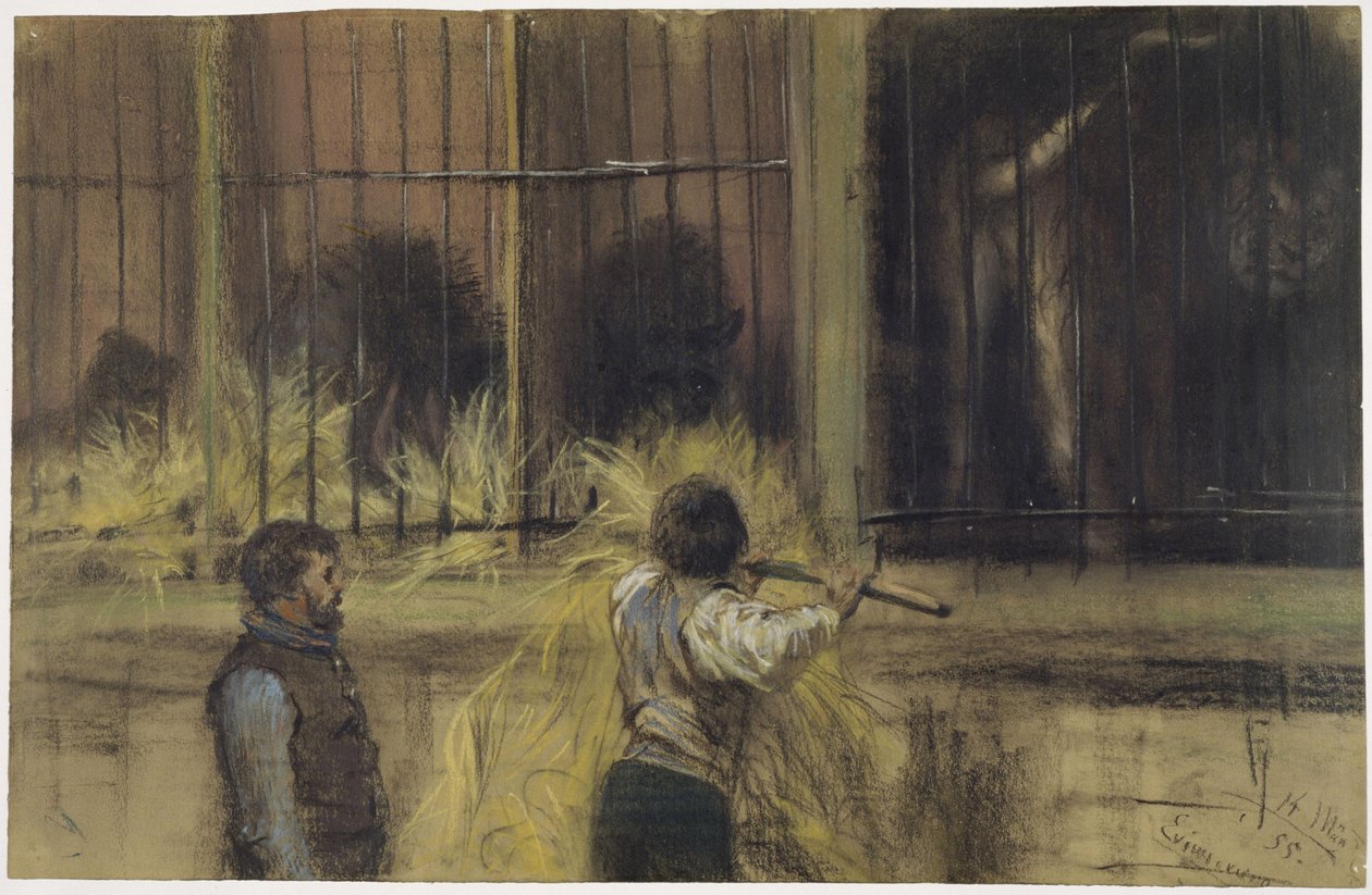 Due guardiani davanti alla gabbia dei predatori da Adolph Menzel