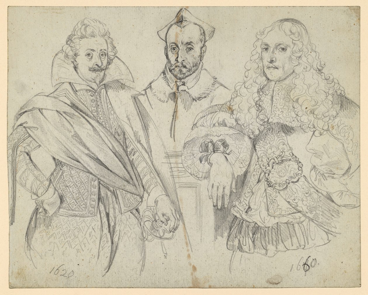 Due dignitari del 1620 e del 1660, con al centro un cardinale. Riproduzioni di raffigurazioni storiche da Adolph Menzel