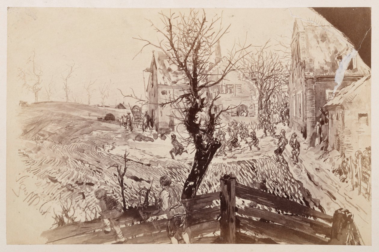 Tra le ultime case del villaggio irrompe la folla per inseguire Adamo in fuga, che si vede allontanarsi in fretta con il suo bastone, per „La brocca rotta“ di Heinrich von Kleist da Adolph Menzel