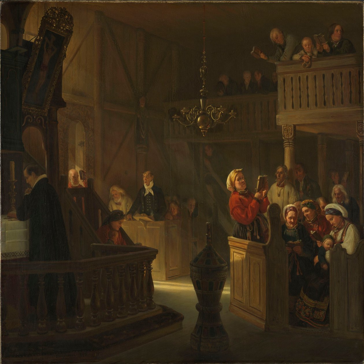 Funzione religiosa in una chiesa di campagna norvegese da Adolph Tidemand