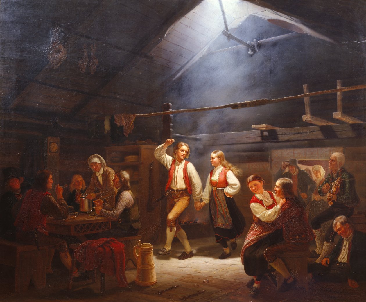 Domenica pomeriggio in una sala fumatori di Hardangersk (dipinto) da Adolph Tidemand