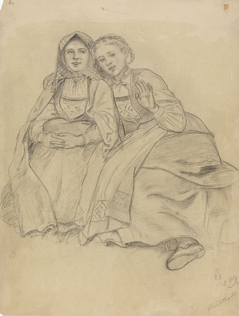 Due ragazze sedute in costume bunad da Adolph Tidemand