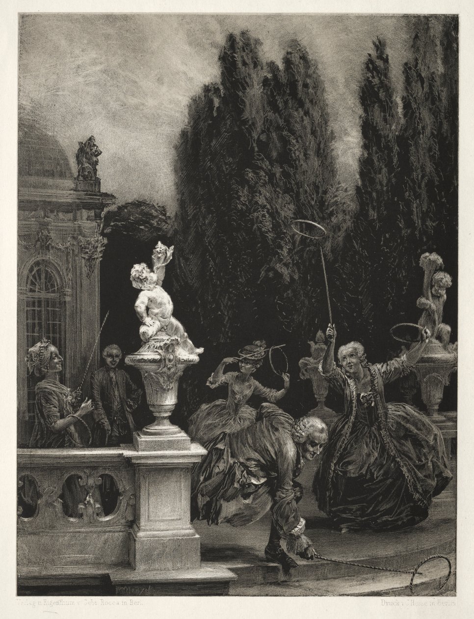 Saggio sulla pietra con pennello e raschietto: Giocare a cerchi sulla terrazza del castello da Adolph Menzel
