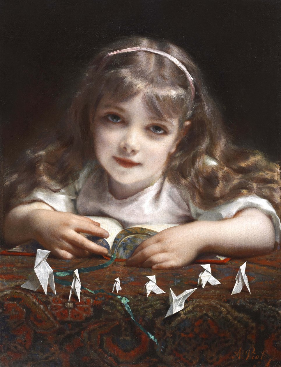 Giovane ragazza con uccelli in origami da Etienne Adolphe Piot