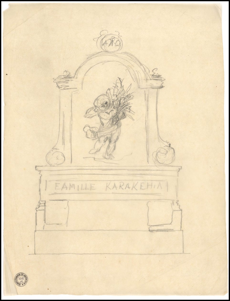 Schizzo di tomba per la famiglia Karakehia al cimitero del Père Lachaise a Parigi da Adolphe Victor Geoffroy Dechaume