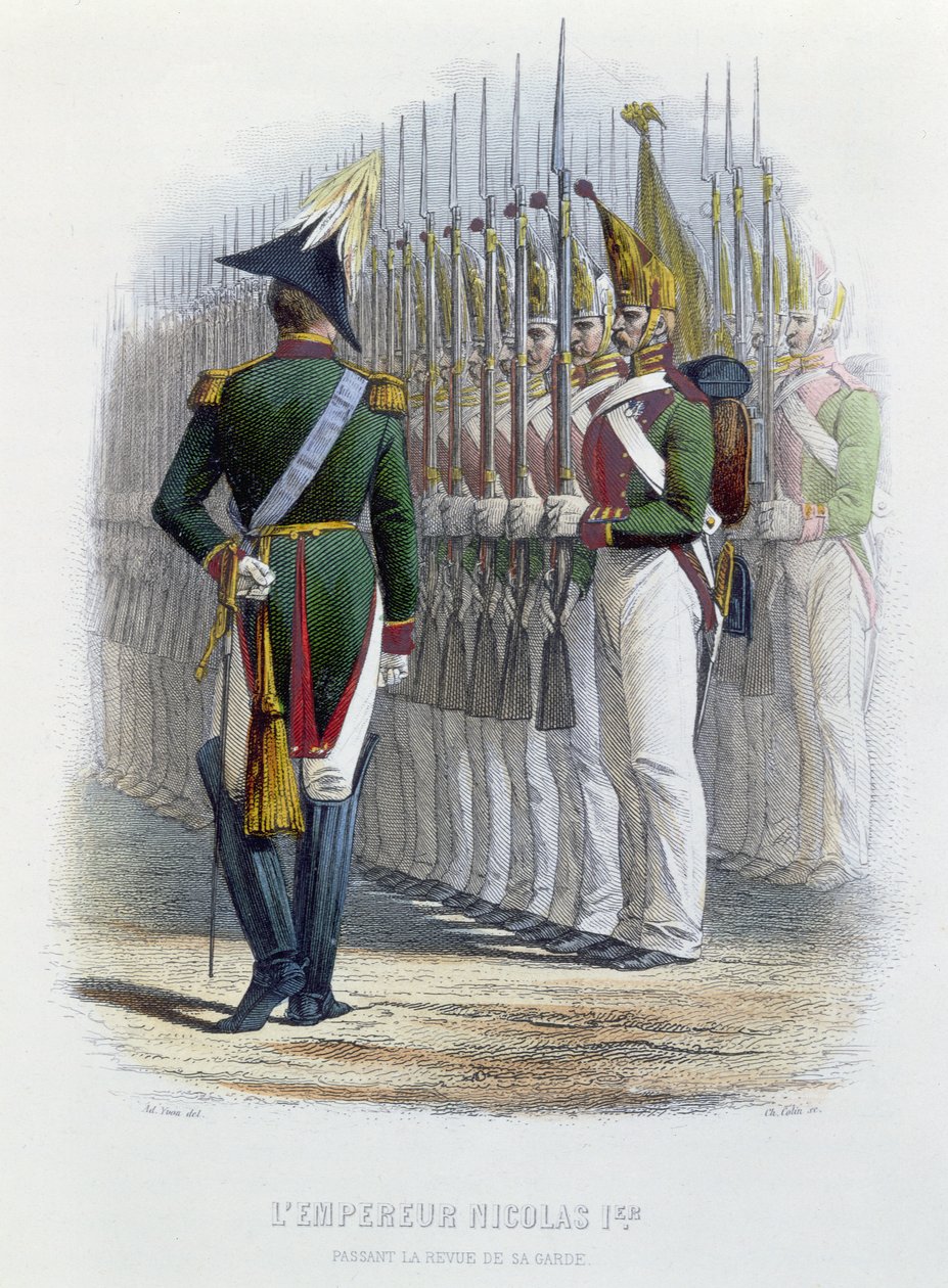 Lo zar Nicola I di Russia ispeziona le sue guardie in posizione di attenzione da Adolphe Yvon