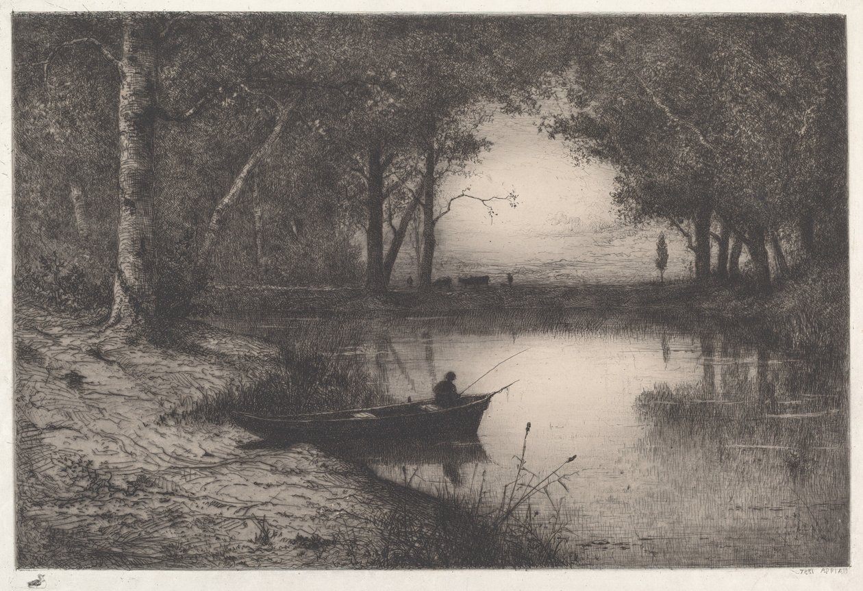 Un Pescatore in uno Stagno Boschivo al Tramonto da Adolphe Appian