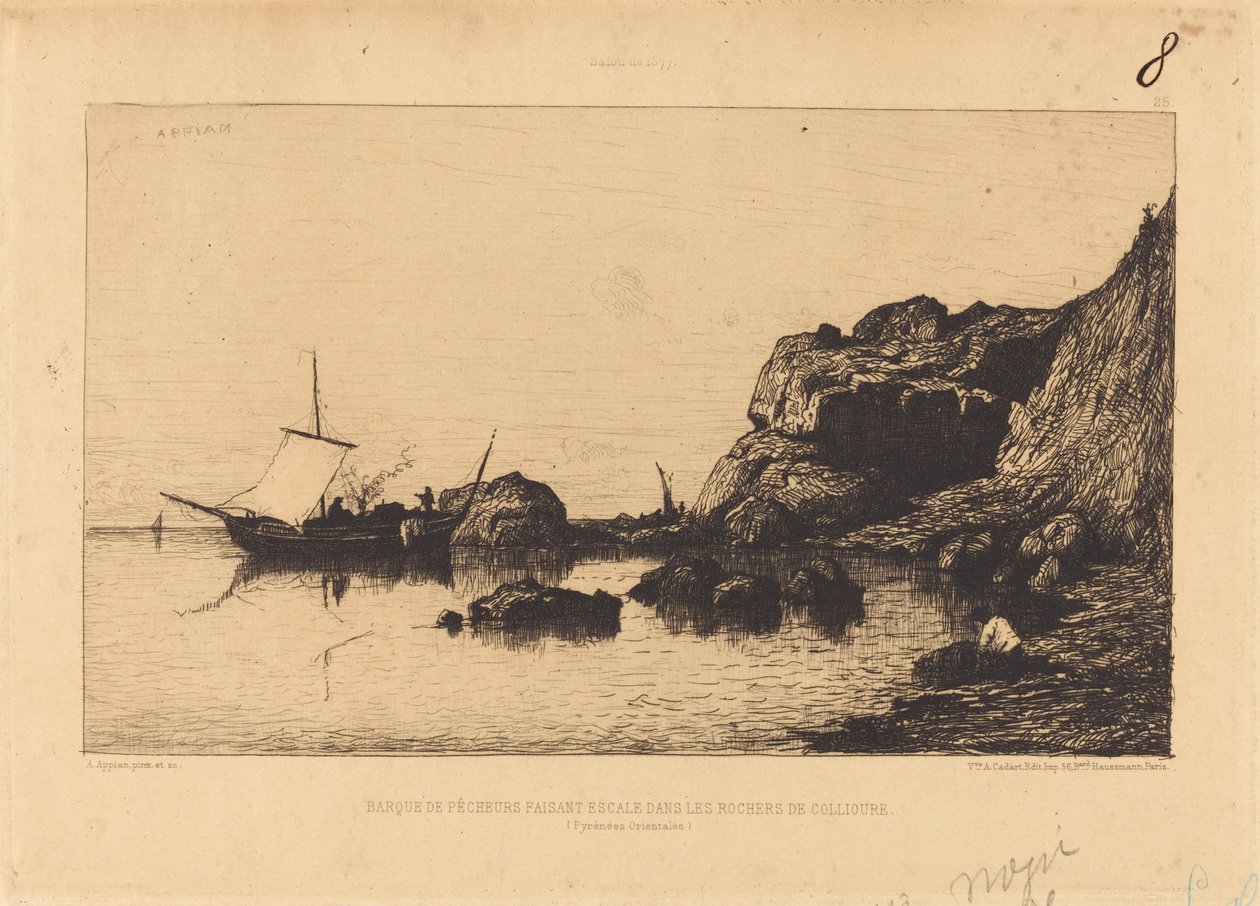 Barca di pescatori che fa scalo tra le rocce di Collioure da Adolphe Appian
