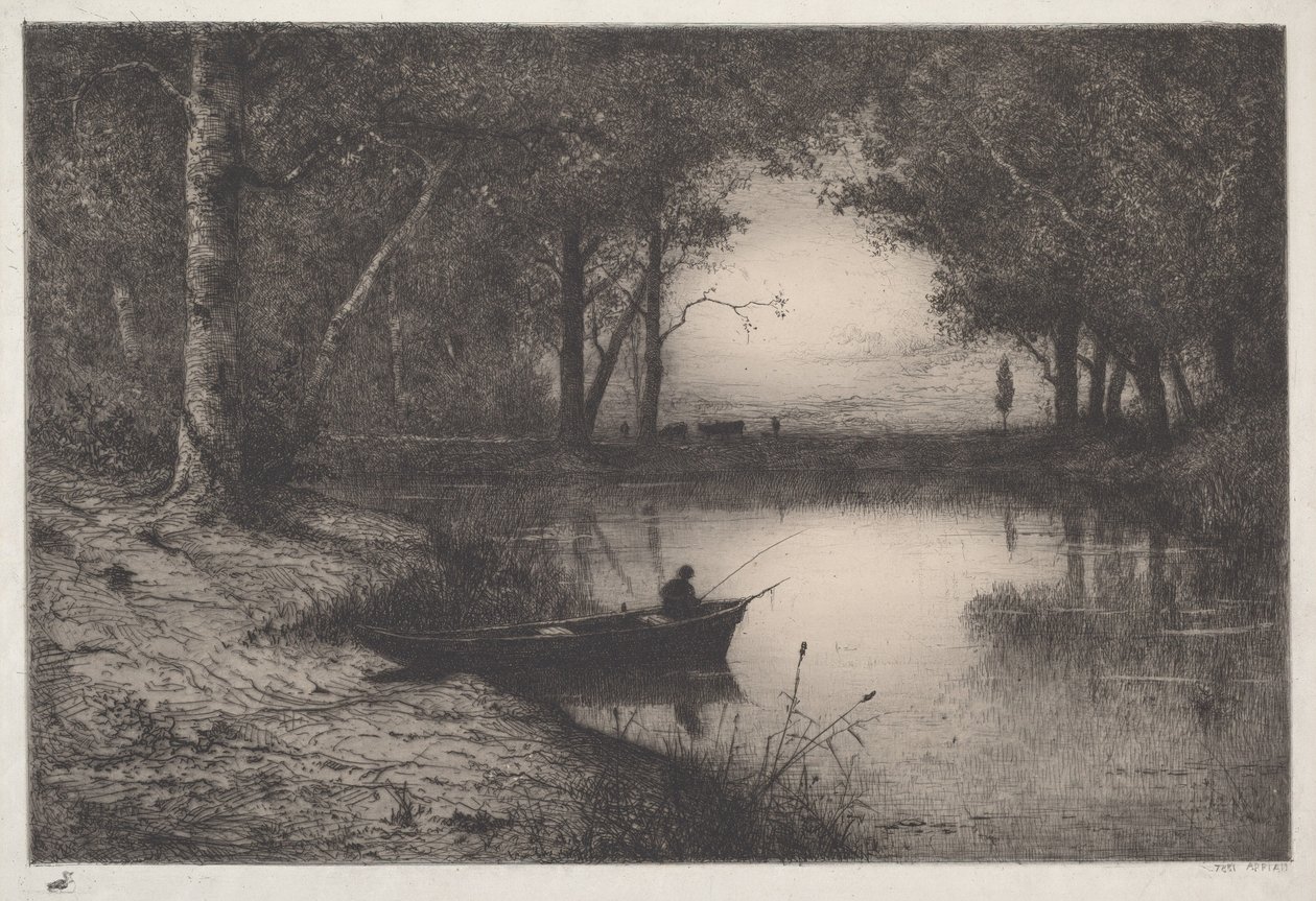 Pescatore in canoa, sulla riva di un fiume da Adolphe Appian
