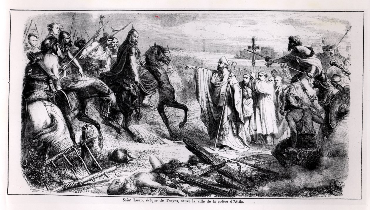 San Lupo che difende la città di Troyes contro Attila il Unno a cavallo, illustrazione da una storia della Francia, seconda metà del XIX secolo da Adolphe Francois Pannemaker