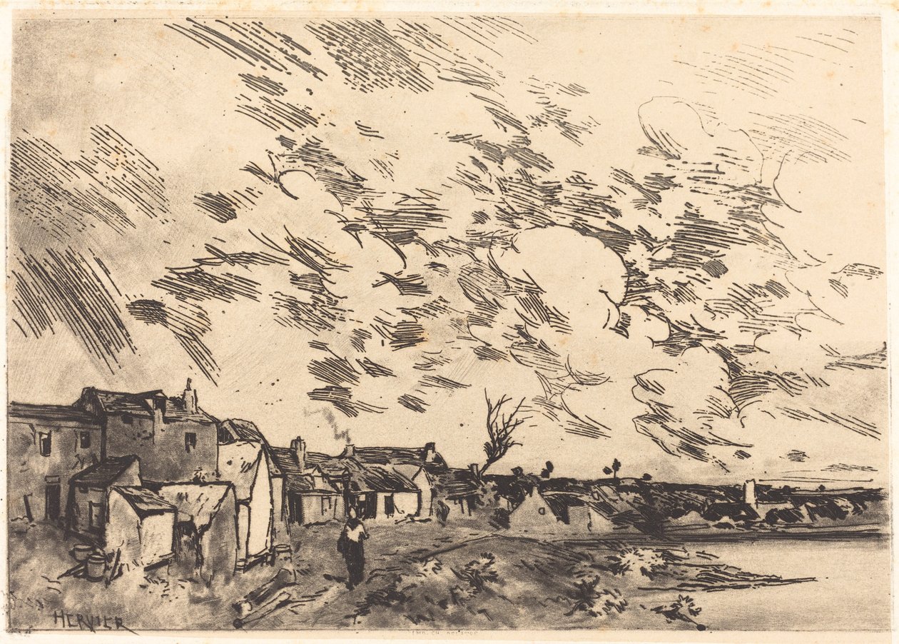 Villaggio sulla riva di un fiume da Adolphe Hervier