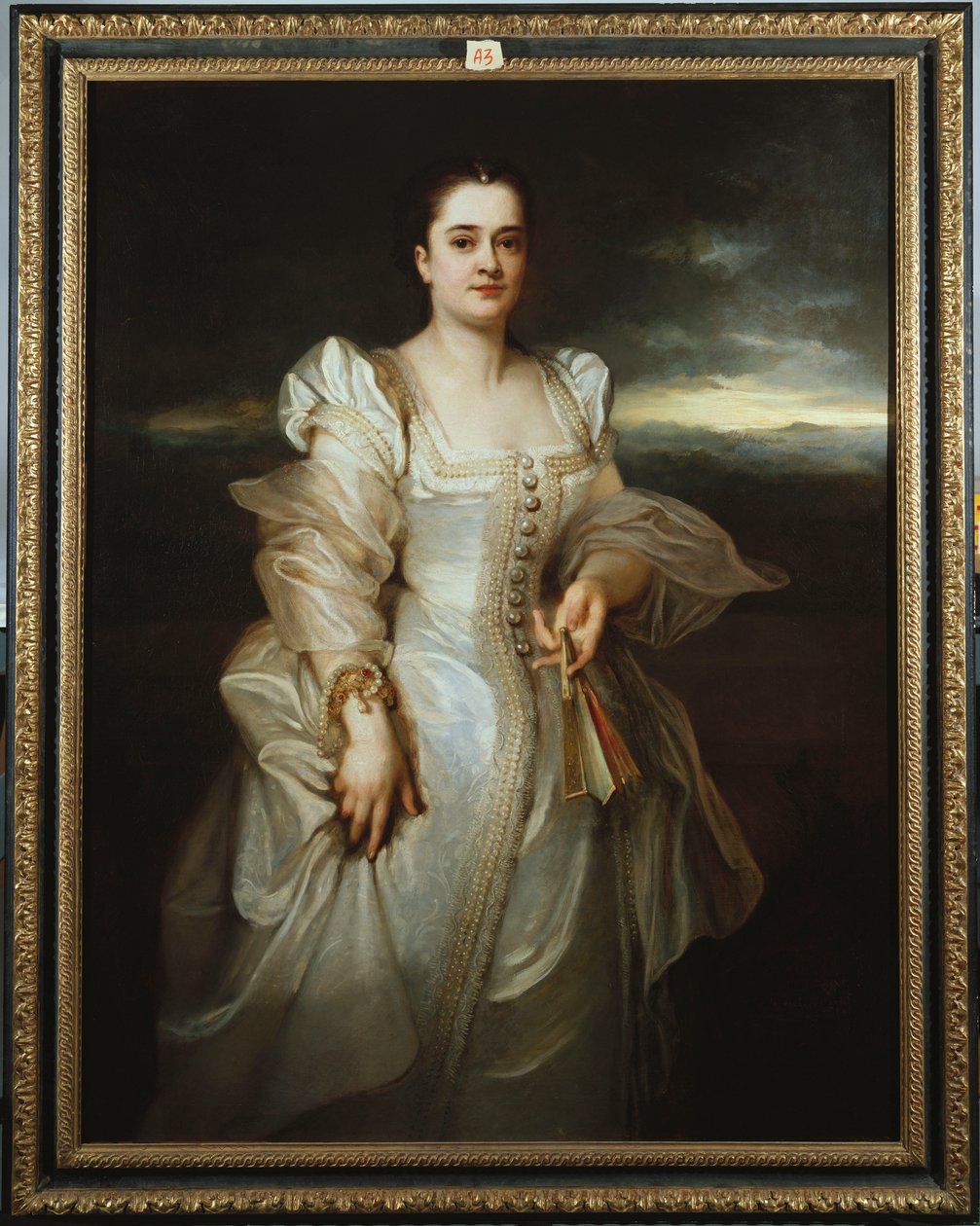 Ritratto di una signora con un vestito bianco ricamato con perle da Adolphe Joseph Thomas Monticelli