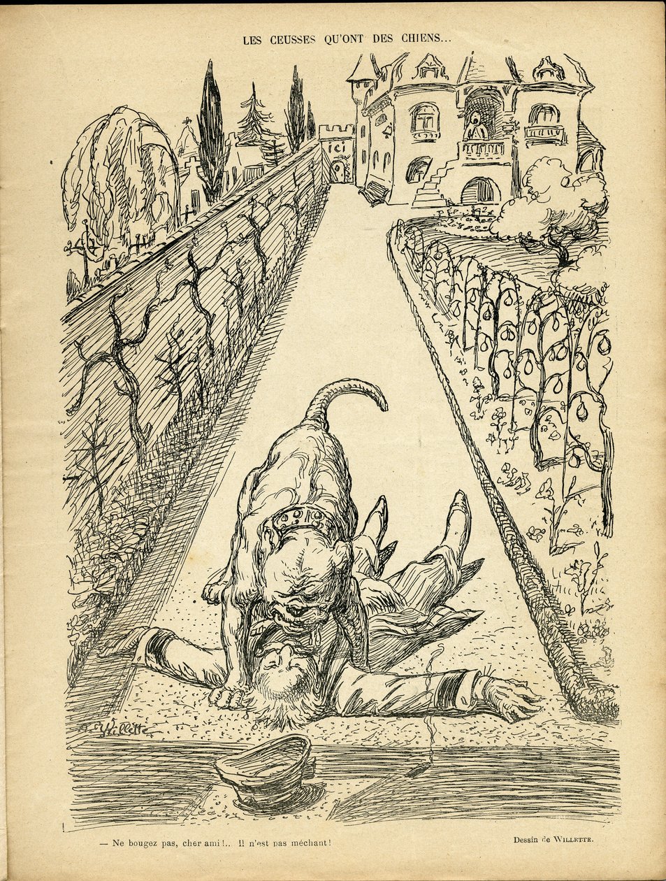 Illustrazione di Adolphe dit Willette in Le Rire, 27/02/09 - Les ceusses que on des chiens - Architettura Urbanistica, Animali - Cane, Pitt-Bull da Adolphe Leon Willette