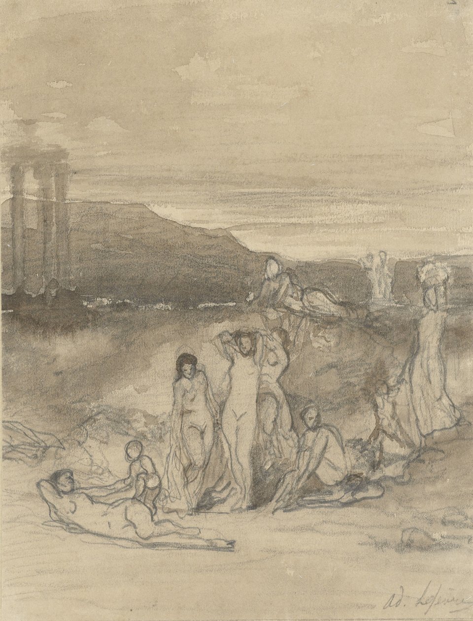 Paesaggio classico con figure nude sdraiate, in piedi e sedute e una rovina di tempio da Adolphe René Lefèvre